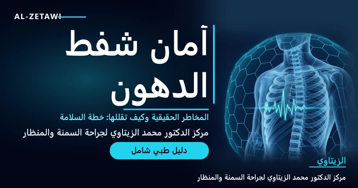 رسم طبي ثلاثي الأبعاد لجذع إنسان شفاف داخل درع حماية مضيء مع خط نبض القلب يرمز إلى سلامة شفط الدهون — سلامة شفط الدهون | د. محمد عبد الوهاب الزيتاوي