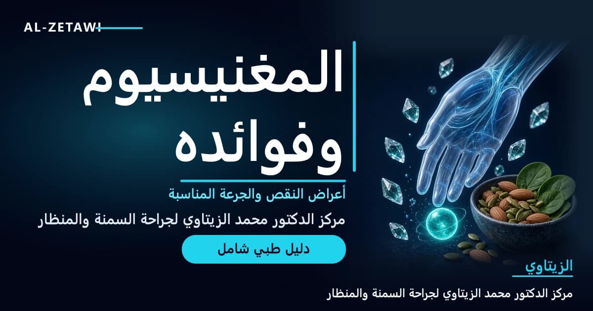 المغنيسيوم: أعراض النقص وأسبابه والفوائد المثبتة والجرعة وأفضل أنواع المكملات | د. محمد عبد الوهاب الزيتاوي رسم طبي ثلاثي الأبعاد ليد زجاجية شفافة بألياف عضلية وأعصاب زرقاء مضيئة مع بلورات معدنية وكرة أيون المغنيسيوم ووعاء من اللوز وبذور اليقطين والسبانخ — المغنيسيوم أعراض النقص والفوائد | د. محمد عبد الوهاب الزيتاوي