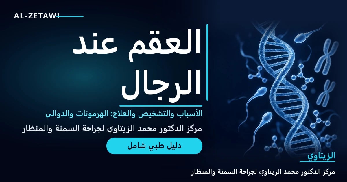 رسم طبي ثلاثي الأبعاد لشريط حمض نووي زجاجي مضيء مع حيوانات منوية وجزيئات هرمونية وصبغيات — أسباب العقم عند الرجال وتشخيصه وعلاجه | د. محمد عبد الوهاب الزيتاوي