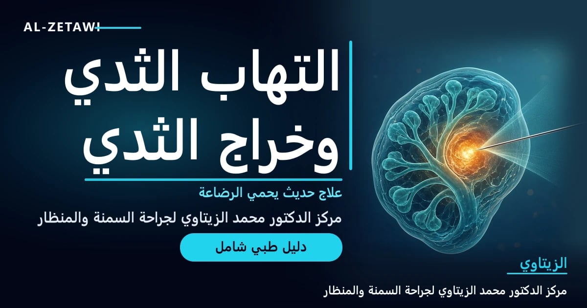 رسم طبي ثلاثي الأبعاد لمخطط صدر شفاف غير صريح مع قنوات حليب فيروزية ناعمة ومنطقة ملتهبة دافئة مضيئة باللون الكهرماني وإبرة سحب رفيعة موجهة بالأشعة الصوتية — التهاب الثدي وخراجه | د. محمد عبد الوهاب الزيتاوي
