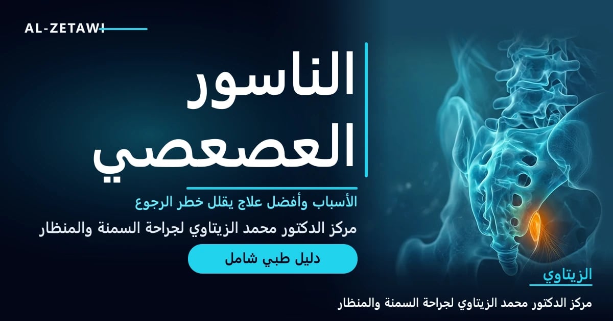 رسم طبي ثلاثي الأبعاد لمنطقة أسفل الظهر والعصعص من الخلف يظهر فيه مسار جيب صغير مضيء باللون الكهرماني مع شعيرات دقيقة — الناسور العصعصي | د. محمد عبد الوهاب الزيتاوي