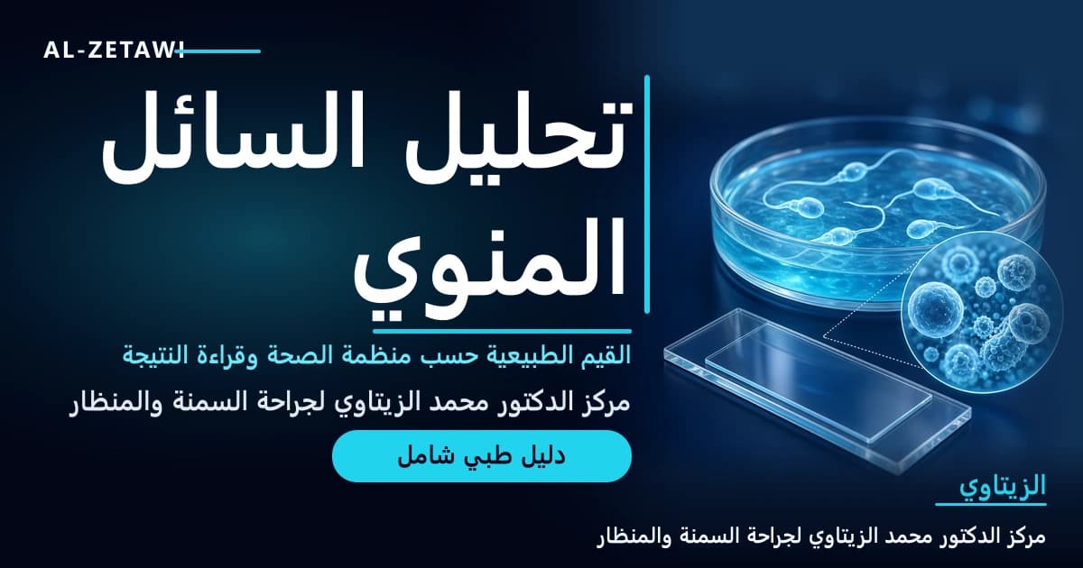 تحليل السائل المنوي: القيم الطبيعية حسب منظمة الصحة العالمية 2021 وكيف تقرأ النتيجة خطوة بخطوة | د. محمد عبد الوهاب الزيتاوي رسم طبي ثلاثي الأبعاد لطبق مخبري زجاجي وشريحة مجهر مع حيوانات منوية مضيئة وعدسة مكبرة — تحليل السائل المنوي والقيم الطبيعية | د. محمد عبد الوهاب الزيتاوي