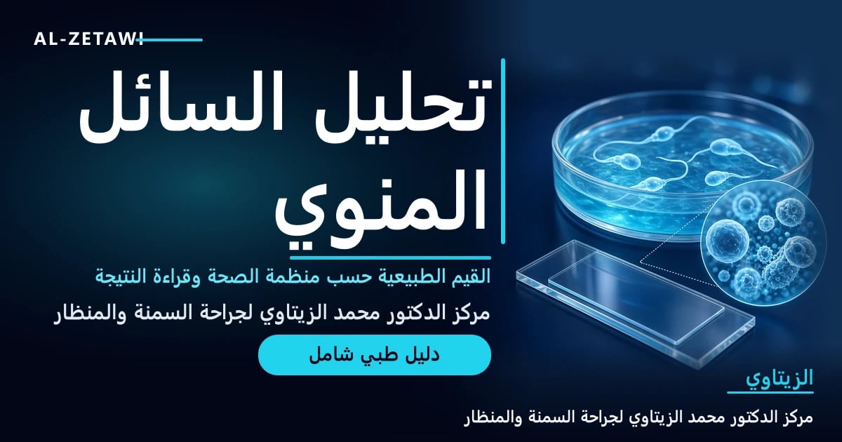 رسم طبي ثلاثي الأبعاد لطبق مخبري زجاجي وشريحة مجهر مع حيوانات منوية مضيئة وعدسة مكبرة — تحليل السائل المنوي والقيم الطبيعية | د. محمد عبد الوهاب الزيتاوي