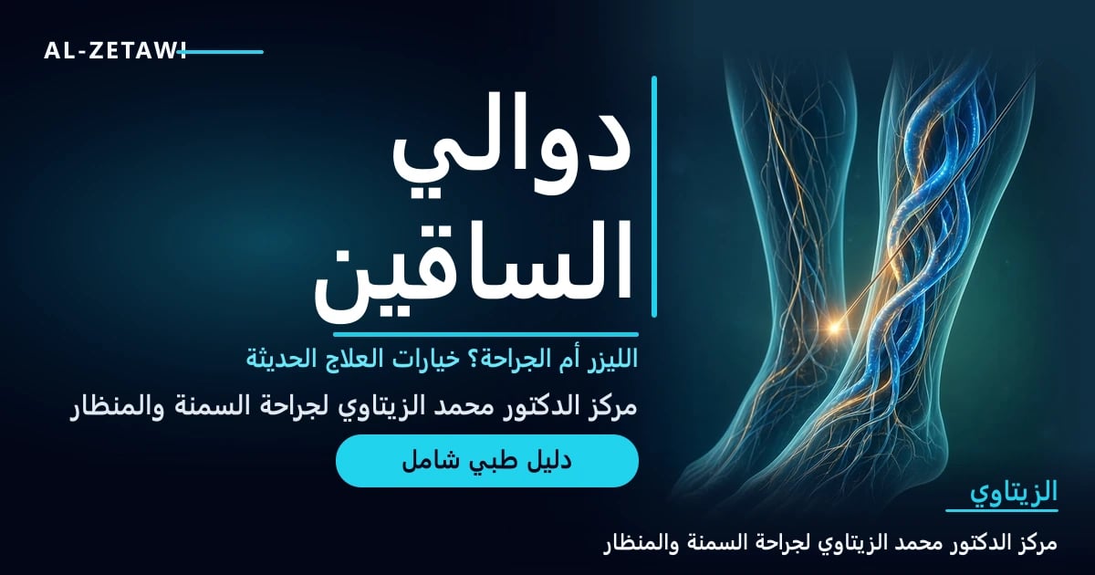 رسم طبي ثلاثي الأبعاد لساقين شفافتين تظهر فيهما الأوردة السطحية، وفي إحداهما دوالي زرقاء متوسعة ومتعرجة مع ليفة ليزر رفيعة مضيئة داخل الوريد — دوالي الساقين | د. محمد عبد الوهاب الزيتاوي