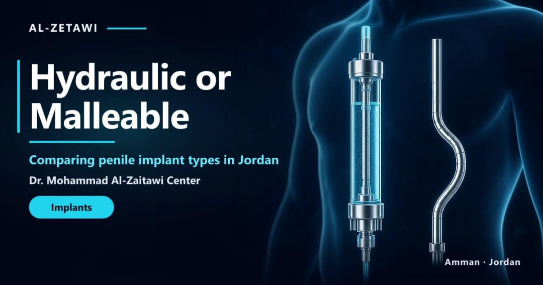 Hydraulic or Malleable Implant in Jordan | Dr. Mohammad Al-Zaitawi Penile implant choice 3D illustration: hydraulic and malleable devices compared clinically in Jordan