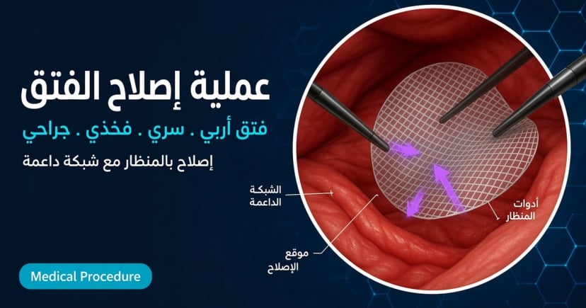 منظر منظار لعملية إصلاح الفتق يوضح تثبيت الشبكة الداعمة داخل جدار البطن بأدوات المنظار في الأردن | د. محمد عبد الوهاب الزيتاوي