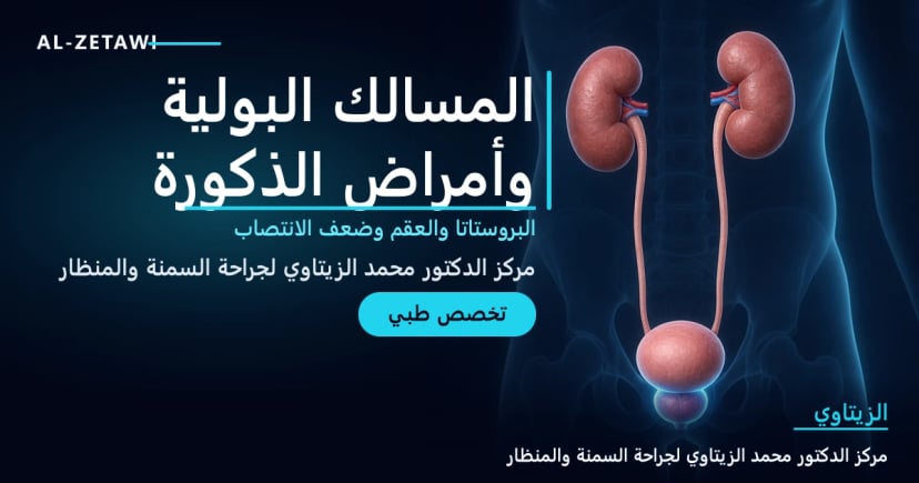 المسالك البولية وأمراض الذكورة رسم طبي ثلاثي الأبعاد للجهاز البولي الذكري يوضح الكليتين والمثانة والبروستاتا – تخصص المسالك البولية وأمراض الذكورة في عمّان