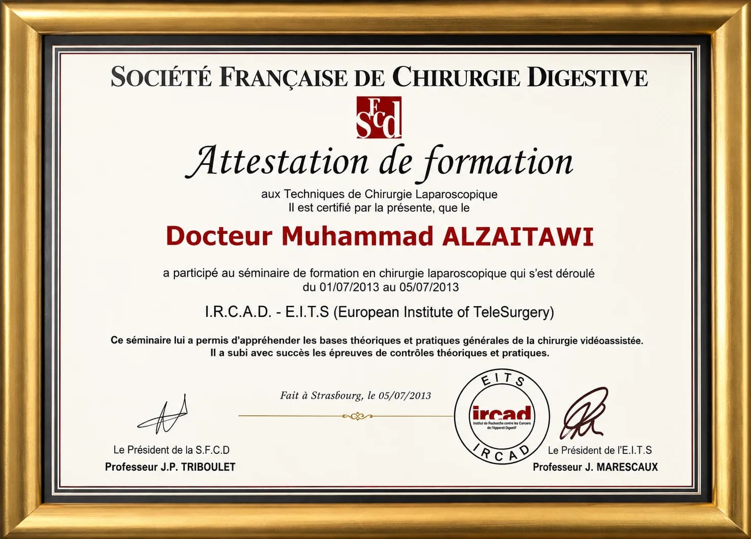 IRCAD EITS Strasbourg laparoscopic surgery training certificate of Dr. Mohammad Al-Zaitawi, 2013
