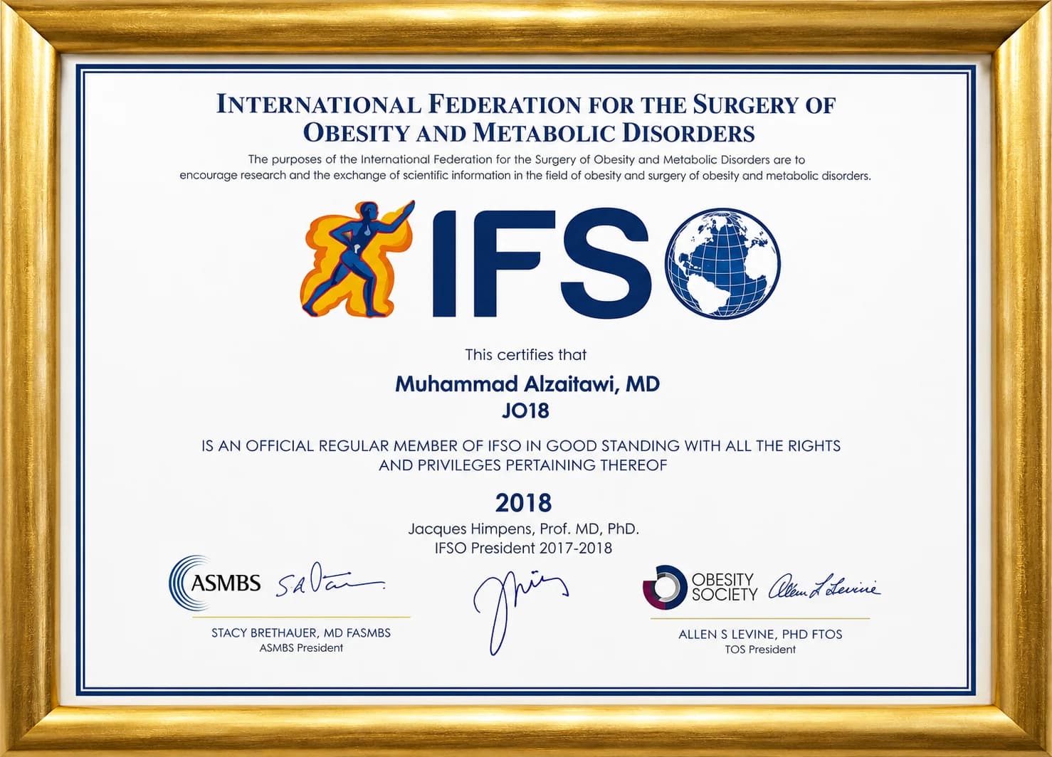 IFSO membership certificate of Dr. Mohammad Al-Zaitawi, 2018