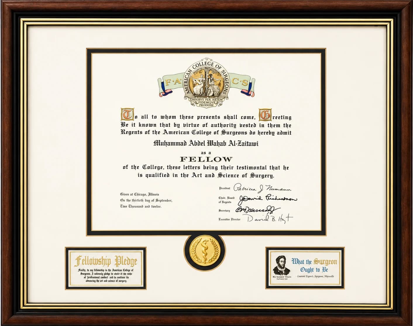 Fellowship certificate of the American College of Surgeons (FACS) awarded to Dr. Mohammad Al-Zaitawi, Chicago 2012
