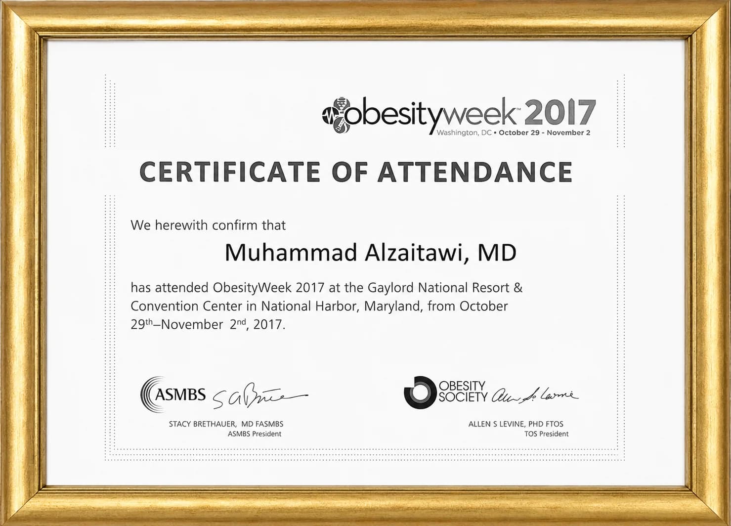 ObesityWeek 2017 certificate of attendance of Dr. Mohammad Al-Zaitawi, ASMBS and The Obesity Society